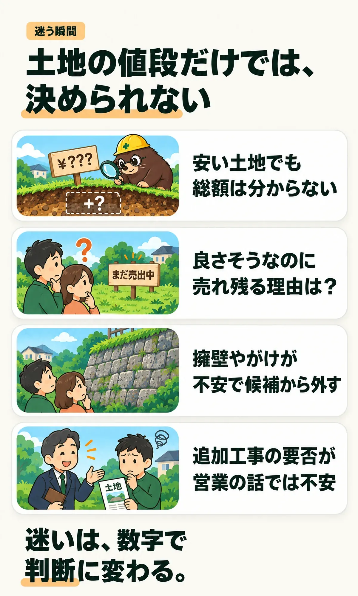 迷う瞬間。土地の値段だけでは、決められない。安い土地でも総額は分からない。良さそうなのに売れ残る理由は？擁壁やがけが不安で候補から外す。追加工事の要否が営業の話では不安。迷いは、数字で判断に変わる。