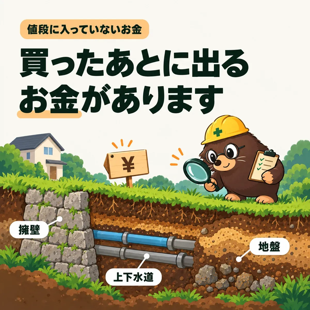 値段に入っていないお金。買ったあとに出るお金があります。擁壁、上下水道、地盤。