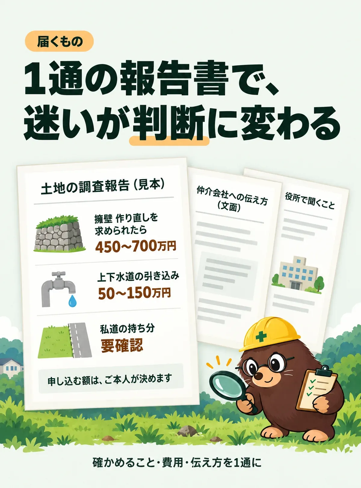 届くもの。1通の報告書で、迷いが判断に変わる。土地の調査報告（見本）：擁壁 作り直しを求められたら 450〜700万円、上下水道の引き込み 50〜150万円、私道の持ち分 要確認。申し込む額は、ご本人が決めます。ほかに、仲介会社への伝え方（文面）、役所で聞くこと。確かめること・費用・伝え方を1通に。