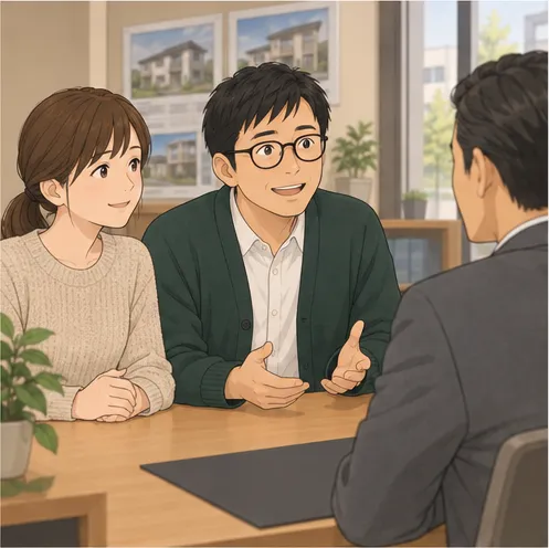 1コマ目。不動産会社の窓口で、浩二が担当者に質問する。