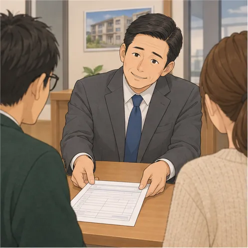 2コマ目。担当者が首をかしげながら、申し込み書を差し出す。