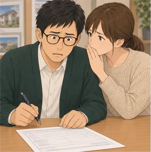 3コマ目。浩二がペンを持ったまま迷い、妻が小声で心配する。