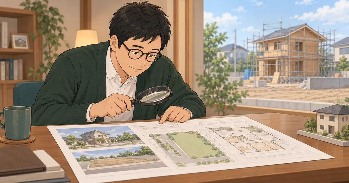 販売図面の備考欄を虫眼鏡で確かめる買い手と、その先にある建築中の家と土地のイラスト