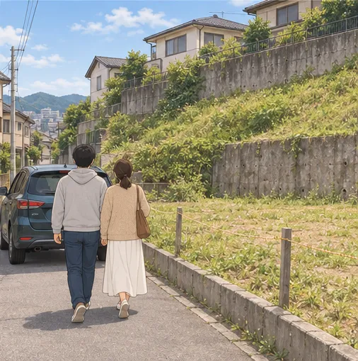 4コマ目。二人は確かめないまま車へ戻る。後ろに隣の斜面と壁が見える。