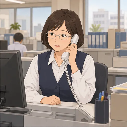 2コマ目。役所の担当者が机で電話を受け、丁寧に答える。