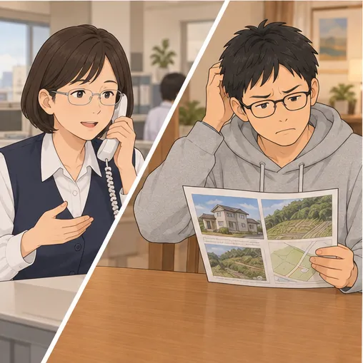 3コマ目。担当者の説明を聞きながら、達也が頭をかいて図面を見つめる。