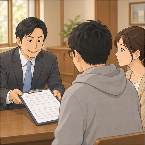 2コマ目。営業の人が申し込みの紙を差し出し、妻が達也を見る。