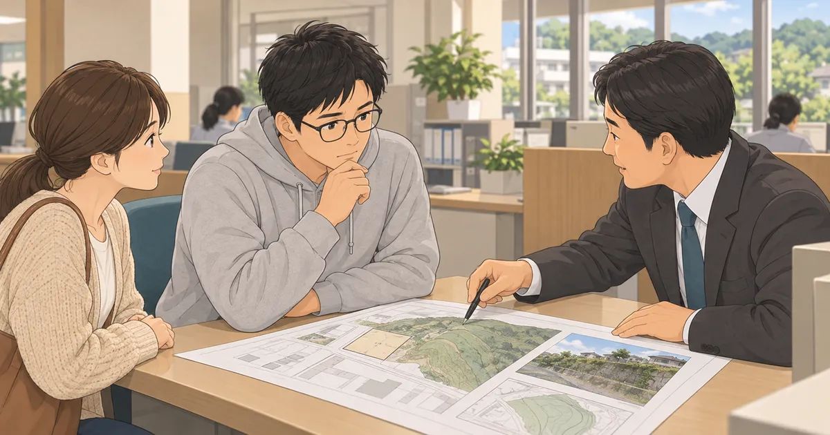 裏に高い斜面がある土地の販売図面を広げ、役所の窓口で相談する買い手のイラスト