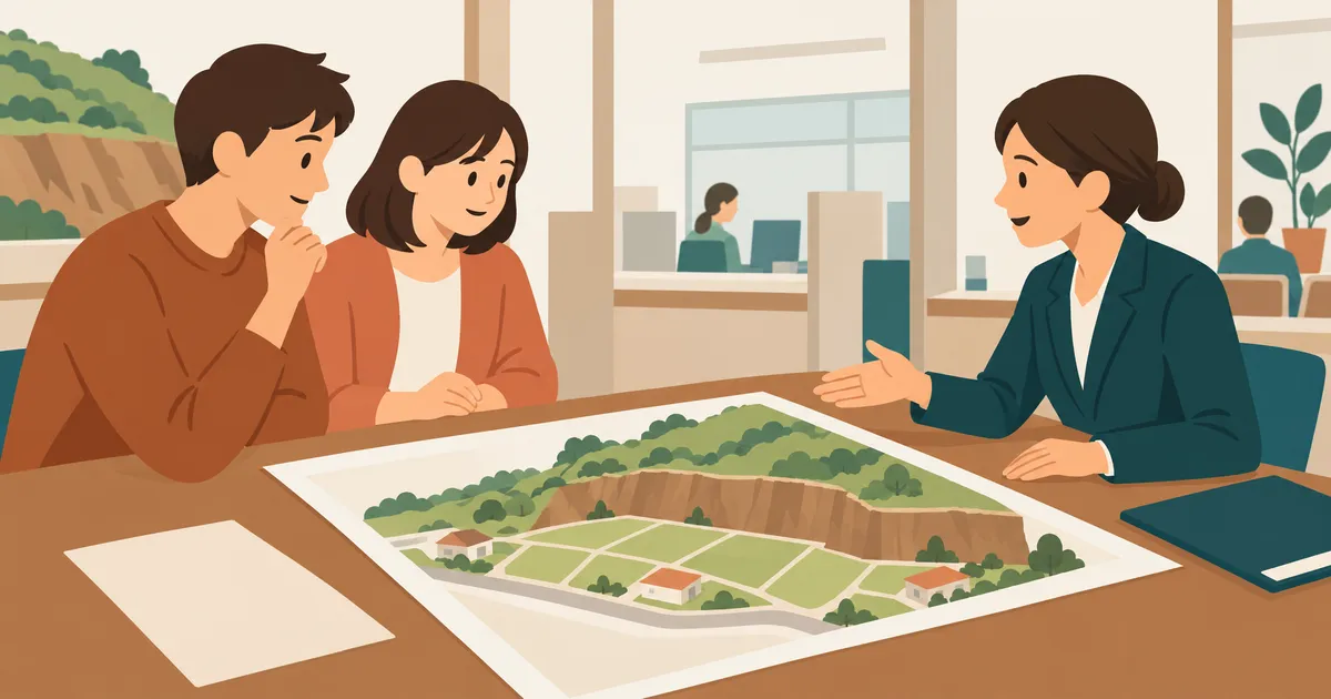 裏に高い斜面がある土地の販売図面を広げ、役所の窓口で相談する買い手のイラスト