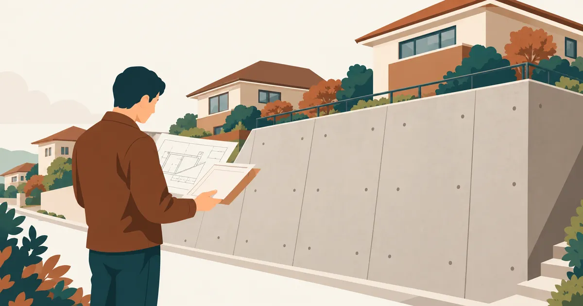 住宅地のコンクリート擁壁の前で図面と書類を見比べる人