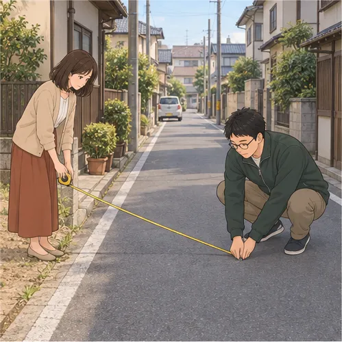 1コマ目。夫が細い道の真ん中あたりで巻き尺を押さえ、美香が土地の側で持つ。