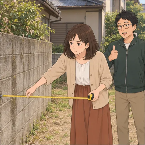 2コマ目。美香が巻き尺を塀まで伸ばし、夫は安心した顔で親指を立てる。