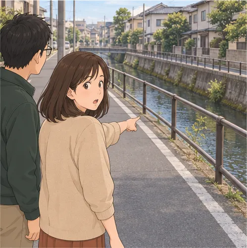 3コマ目。美香が道の向かいを流れる小さな川に気づき、驚いて指さす。