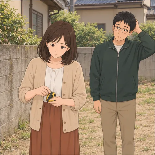 4コマ目。美香が考え込みながら巻き尺を巻き取り、夫は頭をかく。