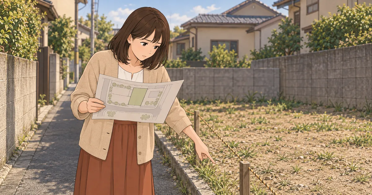 幅の狭い道に面した土地で、販売図面と道の境界線を見比べる場面のイメージ