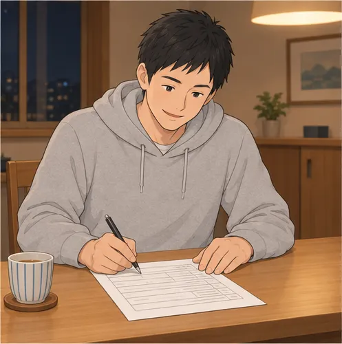 4コマ目。夜、直樹が申し込みの書類に笑顔で書き込む。