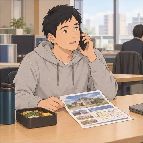 1コマ目。昼休み、直樹が販売図面を前に役場へ電話する。