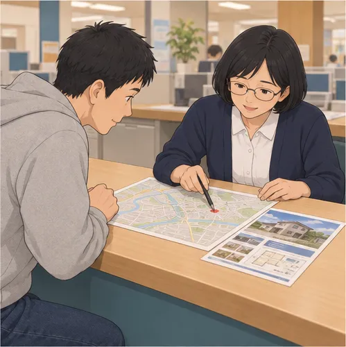 3コマ目。窓口で、担当者が地図を指し、直樹が身を乗り出す。