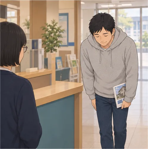 4コマ目。直樹が担当者に頭を下げ、ほっとした顔で窓口を離れる。